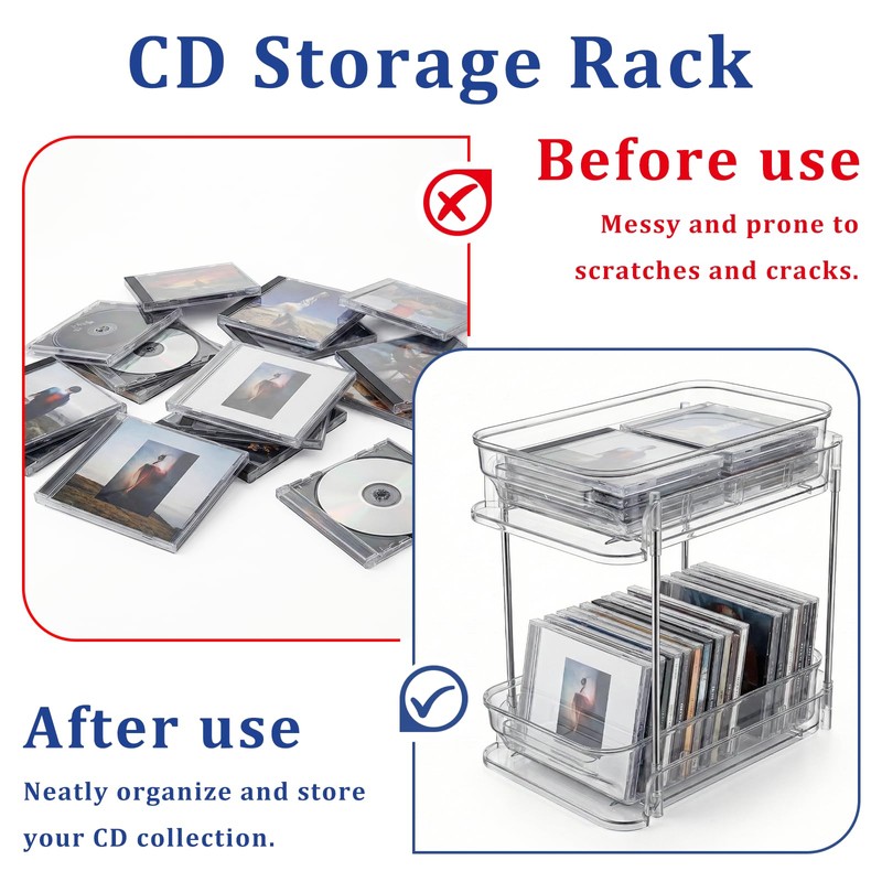 IPENP Clear CD Organizer, 3-Tier Sliding Drawer Storage Shelf -