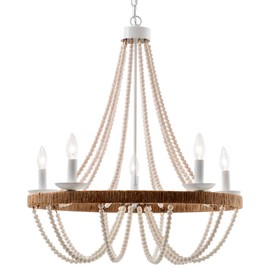 ELYCCUPA Wood Beaded Chandelier 5 Lights Boho Candle French Country Farmhouse Chandelier Bohemia Pendant Light for Living Room Dining Room Kitchen Foyer, Distressed White, Dia 26”