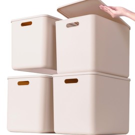 GUMEIGODA Plastic Storage Bins with lids,Storage Baskets,Container with handle,Storage Organizer Bins for Shelves,Office,Bedrooms,Closets, Cabinets(Grey，4XL)