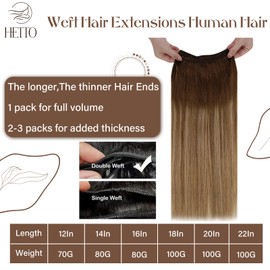 Hetto Weft Hair Extensions Human Hair Medium Brown to Light Brown with Dark Golden Blonde Sew in Hair Extensions Human Hair Invisible Weft Hair Extensions for Women 16inch 80g #6/8/14