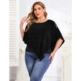 ZOMVA Plus Size Sparkly Cape Tops Cold Shoulder Double Layered Asymmetrical Hem Rhinestone Glitter Party Blouse Shirts, Black, 1X