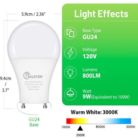 CFMASTER GU24 LED Light Bulb, 3000K Warm White, 9W(100W Equivalent), 800 Lumens, A19 Shape GU24 LED Bulbs, Twist and Lock GU24 Pin Base with Two Prongs, Non-Dimmable, UL ETL Certificated(6-Pack)