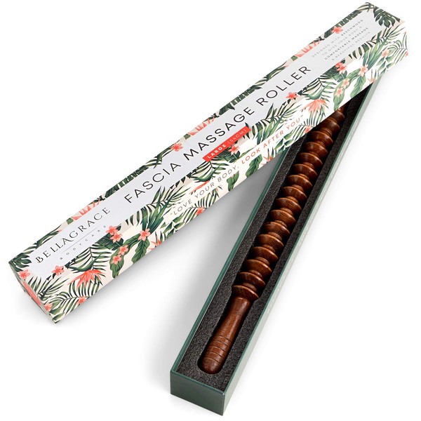 Cellulite Massage Roller Stick - Wooden 21" Ribbed Muscle Roller Stick for Pain Relief, Myofascial Release, Connective Tissue and Knots - Self Body Massaging Tool for Women