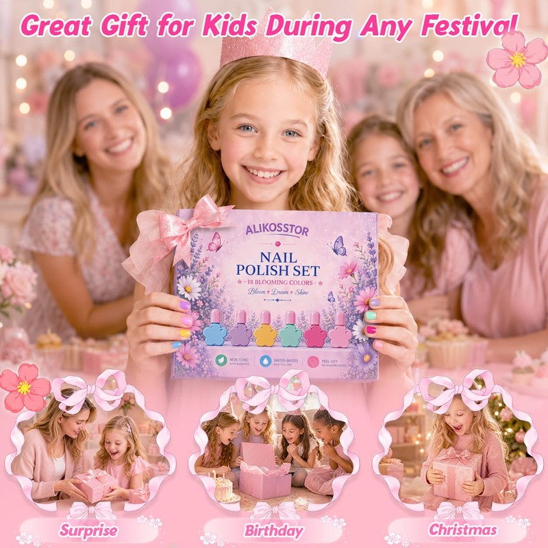 Kids Nail Polish Set, 18 Colors Non Toxic Water Based