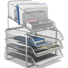 TRU RED Staples All-In-One 10-Compartment Wire Mesh Desk Organizer - Perfect for Office and Home Use Storage, Silver (TR57531-CC)