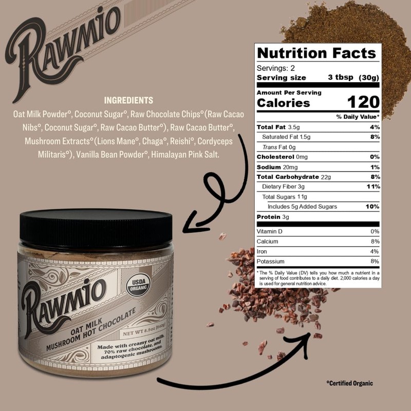 Rawmio Oat Milk Mushroom Hot Chocolate - Vegan, Kosher, Low-Fat