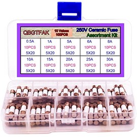 QBGTFAK 100pcs Quick Blow Ceramic Tube Fuse Assorted Kit Amp 250V 0.5A, 1A, 5A, 6A, 8A, 10A, 15A, 20A, 25A, 30A, 5x20mm (Ceramic Fuse 5x20mm)