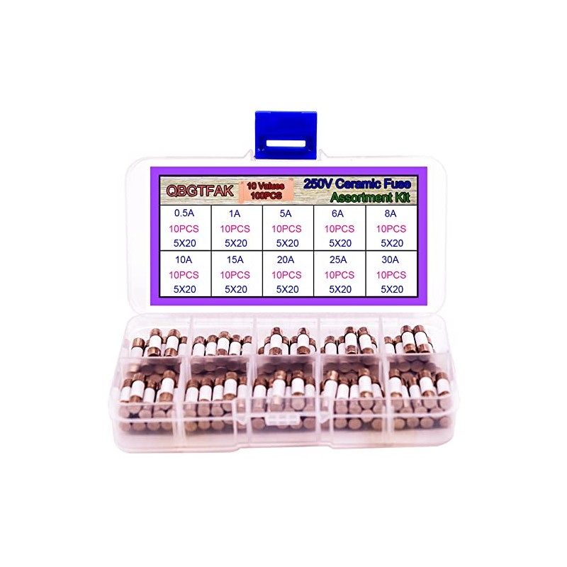 QBGTFAK 100pcs Quick Blow Ceramic Tube Fuse Assorted Kit Amp