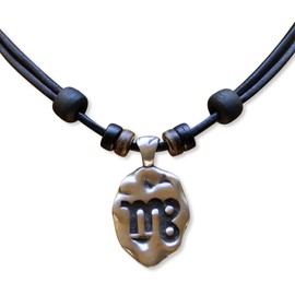 Hana Lima 1 of 12 Zodiac Signs on Adjustable Horoscope Leather Necklace, Surfer Chain, Pewter