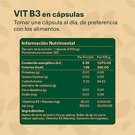 Vitamina B3  Niacina y Ajo. Con 120 capsulas de 500mg (4 meses). VitalBotanics. Multivitaminico, Vitaminas. Suplementos Alimenticios. Libre de Gluten 