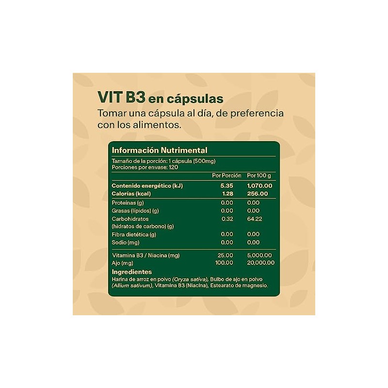 Vitamina B3 Niacina y Ajo. Con 120 capsulas de 500mg
