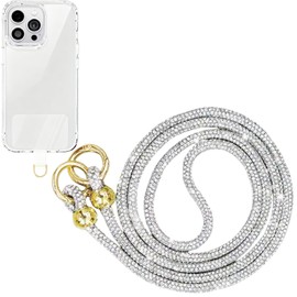Miewenmogu Crystal Phone Lanyard for Women Sparkling Crossbody Phone Strap with Full Rhinestone Bling Glitter Anti-Theft Phone Strap (Silver)