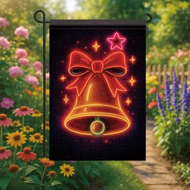 Saoplasa Christmas Garden Flag 12x18 Inch Double Sided Neon Bell with Bow Holiday Yard Flag Winter Outdoor Decoration for Porch Patio Walkway Festive Seasonal Christmas Light Style Lawn Banner
