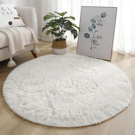 Fychuo Round Rugs Living Room Cream Rug 120x120cm Rugs for Bedroom White Fluffy Rug Thickened 4cm Faux Fur Rug Soft Circle Rug Room Decor Anti Slip Carpet 47x47in