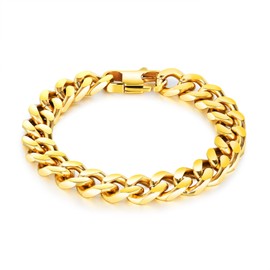 Fusamk Hip Hop Stainless Steel Bracelet Flat Link Bracelet Cuban Chain Bracelet(Gold(8.5))