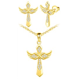 Yumilok Cross Chain 925 Sterling Silver Religious Cross Pendant Necklace Infinity Wings Silver Chain Women's Earrings Stud Earrings Set for Women, Zirconia, Cubic Zirconia