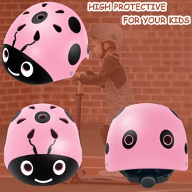 Adjustable Helmet for Children and Protective Equipment, Knee Pads, Elbow Pads, Wrist Guards (Pink Ladybug, S (3-8 Years Old))
