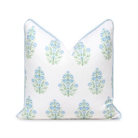 Hofdeco Premium Coastal Patio Indoor Outdoor Throw Pillow Cover Only, 18"x18" Water Repellent for Backyard, Couch, Baby Blue Green Floral with Piping