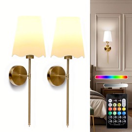 DKCONONY Battery Operated Wall Sconce Set of 2,Gold Rechargeable Wall Lights with 5200mAh Dimmable Detachable LED Bulbs and Remote Control,11 Colors Wireless Wall Lamp for Bedroom Living Room Hallway