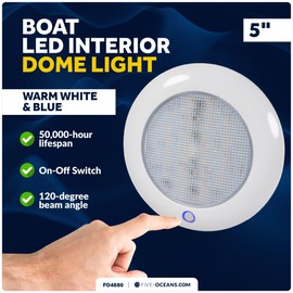 Five Oceans LED Interior Dome Ceiling Light, 5-Inch Round, Warm White & Blue, 12V, IP67 Waterproof, Surface Mount Interior Light for Pontoon, Boats, RVs - FO4880