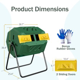 SEGAWE Garden Compost Bin w/ Sliding Door Efficient Dual-Chamber Tumbling Compost Green