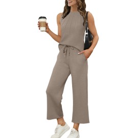 WIHOLL 2 Piece Sets for Women Summer Spring Outfits 2025 Vacation Travel Graduation Lounge Sets Crewneck Pleated Sleeveless Tops and Wide Leg Pant Sets Coffee M