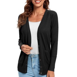 Urban CoCo Women's Button Down Lightweight Knit Cardigan Sweater with Pockets (2XL, Black)