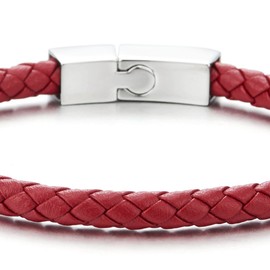 COOLSTEELANDBEYOND Unisex Mens Women Thin Red Braided Leather Bracelet Leather Bangle Wristband, Steel Magnetic Clasp