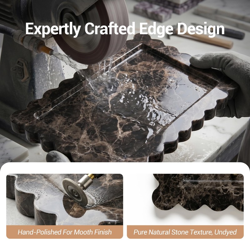 Large Dark Brown Marble Vanity Tray, Scalloped Bathroom Counter Tray