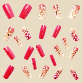 24Pcs Medium Press on Nails Square Fake Nails Red Full Cover Glue on Nails Spring Flowers Designs Acrylic False Nails Coffin Shaped Glossy Stick on Nails Artificial Nails for Women Girls