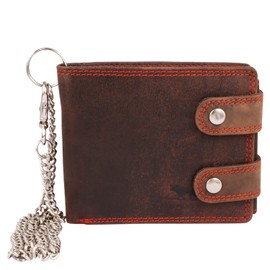 MORUCHA RFID Blocking Men's Biker Wallet Genuine Distressed Hunter Leather Purse with Detachable 45cm Metal Safety Chain M100 (Dark Brown)