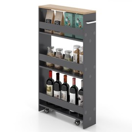 Giantex 4 Tier Rolling Storage Cabinet - Space Saving Kitchen Utility Cart Tower Rack for Narrow Places - Grey & Natural