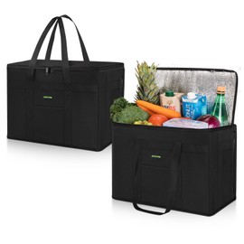 JUNGYOON 2 Pack L Insulated Grocery Bags and Cooler Bag for Food Delivery Bag, Collapsible Cooler, Reusable Shopping Bags for Groceries with Zipper Top, Heavy Duty, Stands Upright,Black