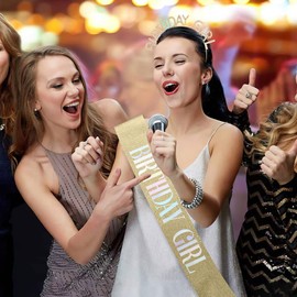 PQRUU Glitter Birthday Sash, Tiara, and Rhinestone Headband for Women - Gold Birthday Accessories Set