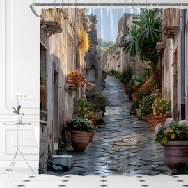 MSAYNFG Italy Scenery Shower Curtain Street View Mediterranean Plants Garden Tuscany Vintage Fabric Bathroom Decor Set with Hooks(70" Wx70 H)