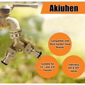 Garden Hose Splitter, Two-Way Brass Faucet, with Independent on/Off Valve, Can Connect 3/4 Inch and 1/2 Inch Faucets, Y-Shaped Splitter is Suitable for Outdoor Use in Home Kitchens and Gardens