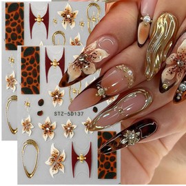 Fall Flower Nail Art Stickers Decals Leopard Print French Flowers Nail Decals 2PCS 5D Embossed Golden Circle Flower Nails Adhesive Stickers Nail Art Supplies for Women Winter DIY Manicure Decorations
