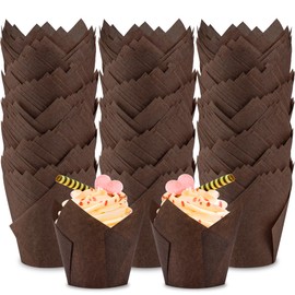 BTSD-home Pack of 300 Brown Tulip Cupcake Liners Muffin Liners for Baking Greaseproof Cupcake Wrappers Standard Size, Perfect for Party Holidays Homemade Cupcakes and Bakery