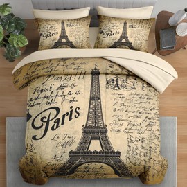Pamnest Comforter Set Twin Size, Paris Eiffel Tower 5 Pcs Bedding for Kids and Adults, Vintage Love Retro Bed Sheet Sets with Fitted Sheet Pillowcases & Shams for Bedroom Bed Decor