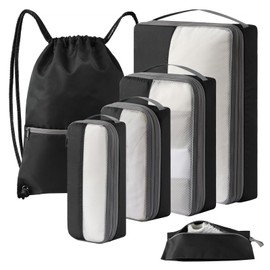 Kookoomia 6 Set Compression Packing Cubes for Travel, Versatile Drawstring Backpack, Lightweight Luggage Organizer Bags, Sturdy Travel Accessories for Suitcase, Black