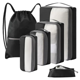 Kookoomia 6 Set Compression Packing Cubes for Travel, Versatile Drawstring Backpack, Lightweight Luggage Organizer Bags, Sturdy Travel Accessories for Suitcase, Black