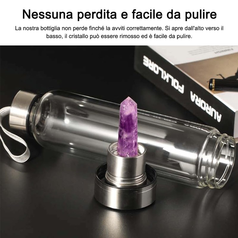 HINATAA Crystal Water Bottle, Removable Healing Natural Quartz Water Bottle,