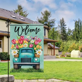 BlissYard 12×18 Inch Double Sided Garden Flag Spring Blue Truck Garden Flag Welcome Garden Flag Seasonal Outdoor Decorative Yard Flag Outdoor Flag Farmhouse Spring Decor