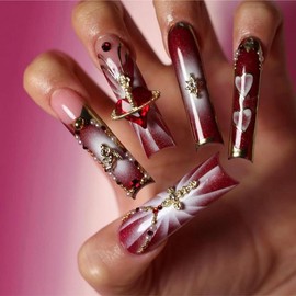 Buy 10 Get 10 Free! [Machine-Made] 24pcs Press-On Nails with Rhinestones & Flowers – French Style Glue-On Nails for Women & Girls:_042