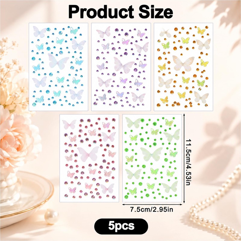 5 Sheets Colorful Butterfly Face Gems, Self-Adhesive Butterfly Gems