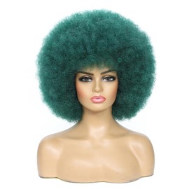 JSDshine Green Afro Wigs for Women - Soft 70s Kinky Curly Synthetic Hair Wig with Bangs, Natural Looking Short Afro Puff Bouncy Big for Daily & Party Use