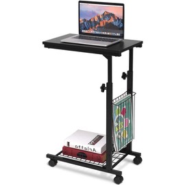 LUARANE Mobile C Shaped Side Table, Height Adjustable End Table with Wheels, Sofa Table with Side Notebook Pocket, Rolling Snack Table for Sofa Couch Bed, Black