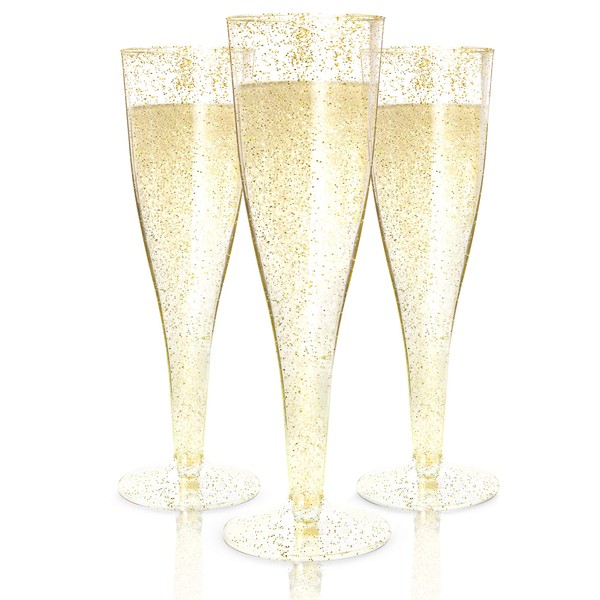 Prestee 100 Plastic Champagne Flutes | Disposable Champagne Flutes Plastic Champagne Glasses, Plastic Mimosa Glasses Clear Plastic Cups, Wedding Party Cocktail Supplies, Plastic Toasting Glasses Gold
