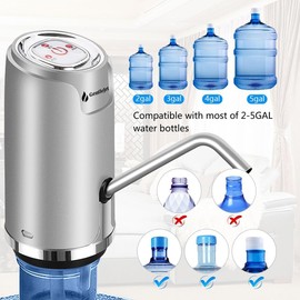 GentleJet Drinking Water Dispenser for 5 Gallon Bottle, Electric Rechargeable Portable Water Dispenser, USB Charging Water Bottle Pump with Switch for 2, 3, 4, 5 Gallon Jug (Silver)