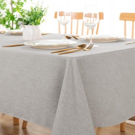 DWCN Rectangle Faux Linen Tablecloth - Textured Waterproof Spill-Proof Wrinkle and Stain Resistant Table Cloth Decorative Fabric Farmhouse Table Cover for Kitchen Dining, 60 x 84 Inch, Light Grey